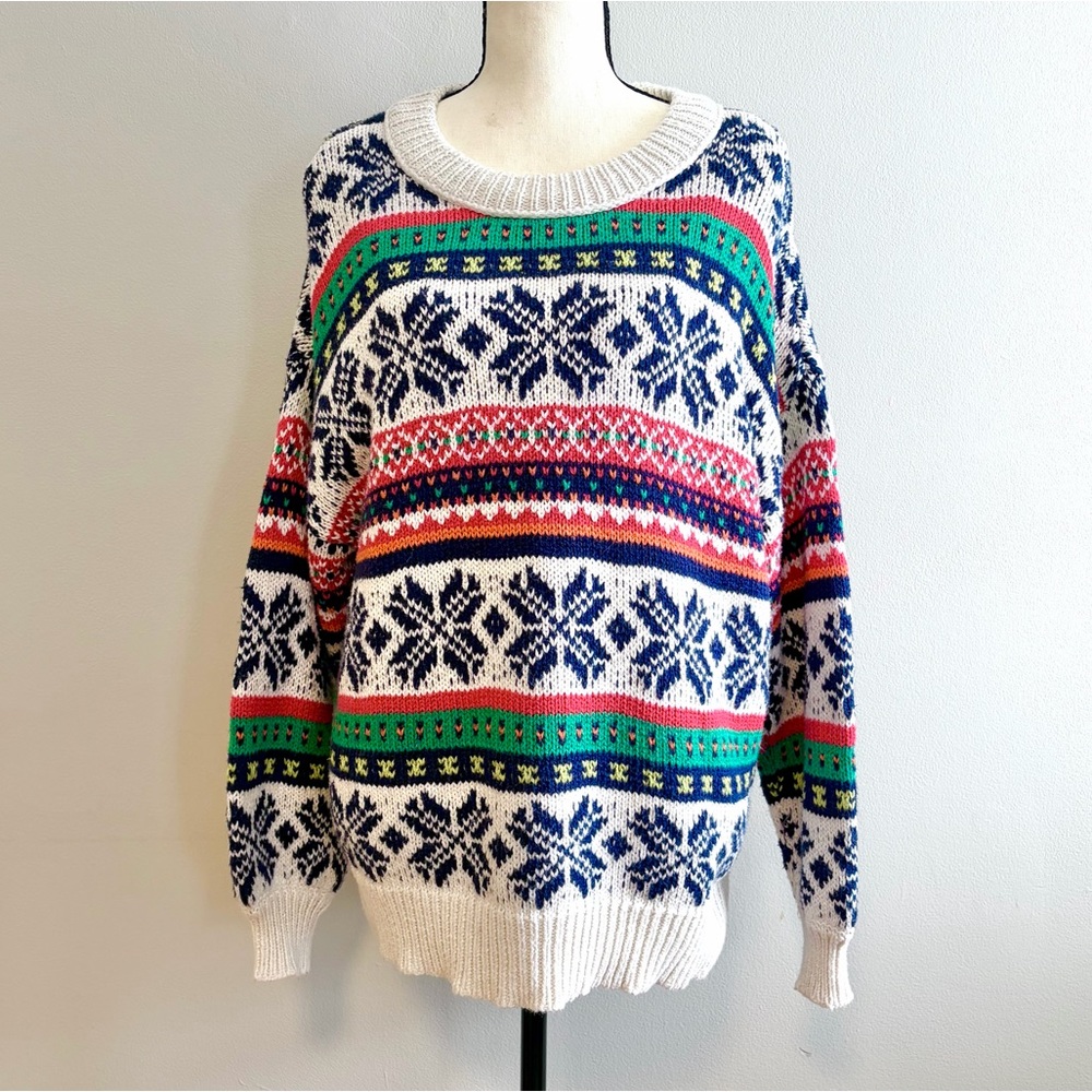 aerie Fair Isle Snowflake Winter Sweater Cotton Blend Colorful Soft Boxy Small